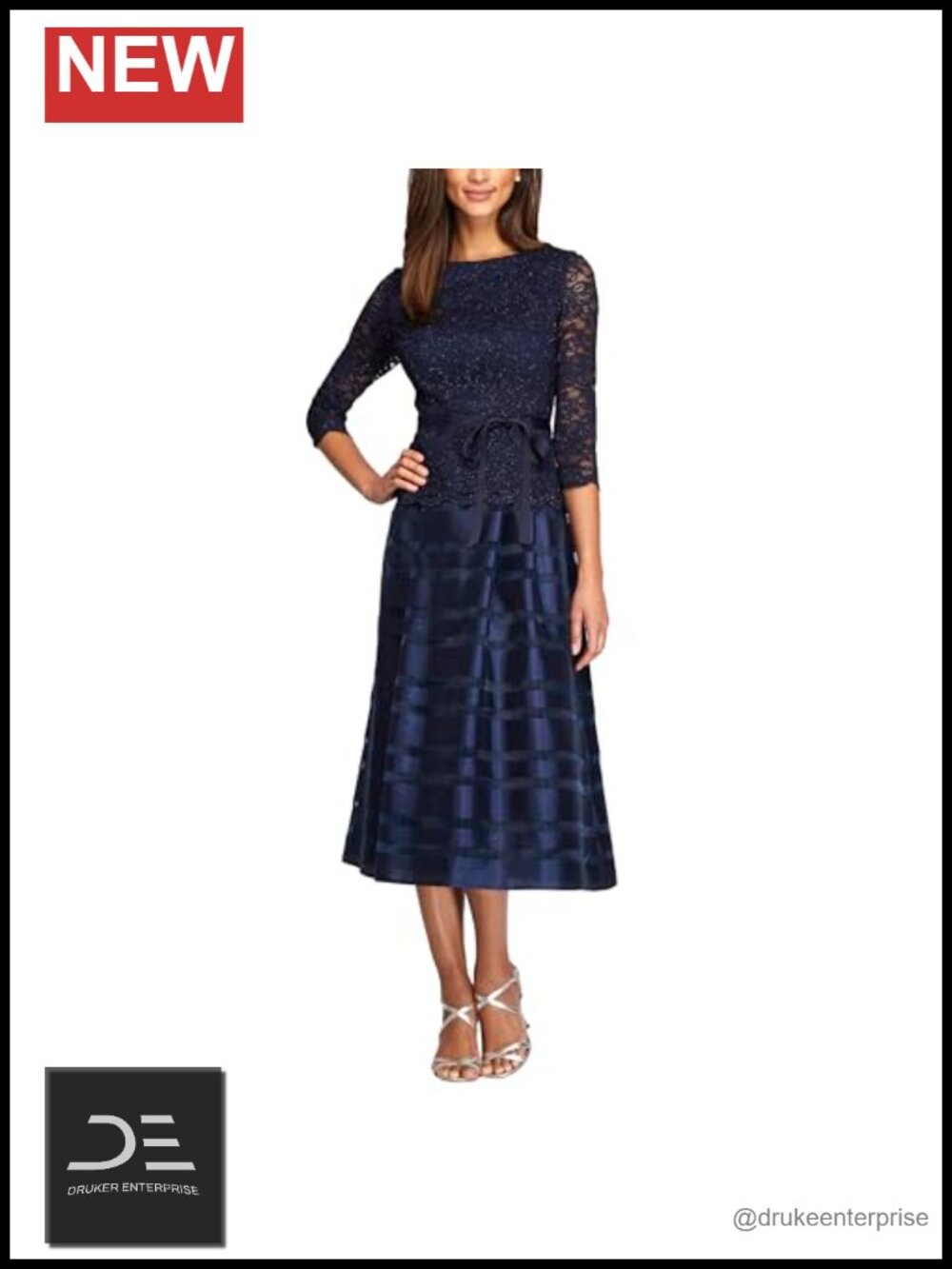 Tea-Length A-Line Lace Dress with Tie Belt